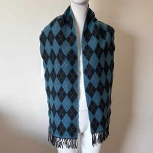 Cashmere Scarf Blue Silver Black Argyle Fringe 100% Cashmere scarf England